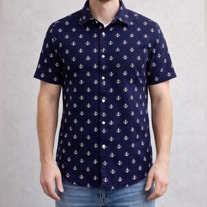 National Standards 100% Cotton Anchor Print Navy Short Sleeve Button Front Shirt